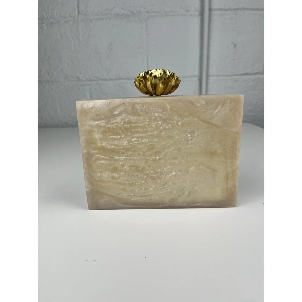 Kundan Mirror Rhinestone Clutch Resin Cream Marble Gold Tone Chain Boho Flower